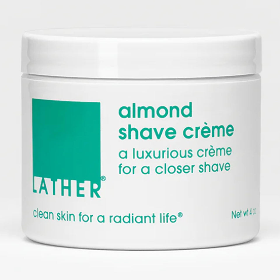 LATHER Almond Shave Crème bottle highlights a moisturizing, non-foaming formula ideal for sensitive skin