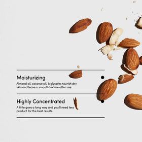 Ingredients highlight almond oil and glycerin for nourishing shaving