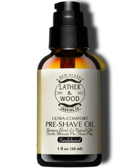 Lather and Wood Pre-Shave Oil sandalwood bottle pour for a smooth shave.