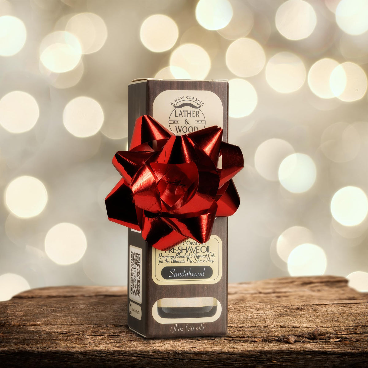 Lather and Wood Pre-Shave Oil sandalwood bottle top close-up showing premium packaging.