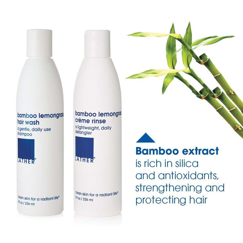 LATHER Bamboo Lemongrass Conditioner close-up showcasing avocado oil benefits.