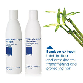LATHER Bamboo Lemongrass Conditioner close-up showcasing avocado oil benefits.