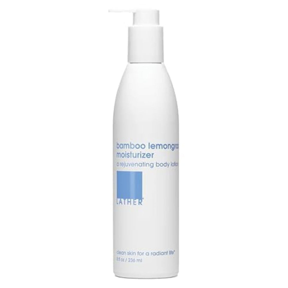 LATHER Bamboo Lemongrass moisturizer bottle for daily hydration.