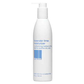 LATHER Lavender Lime body moisturizer bottle close-up for daily hotel-grade hydration.