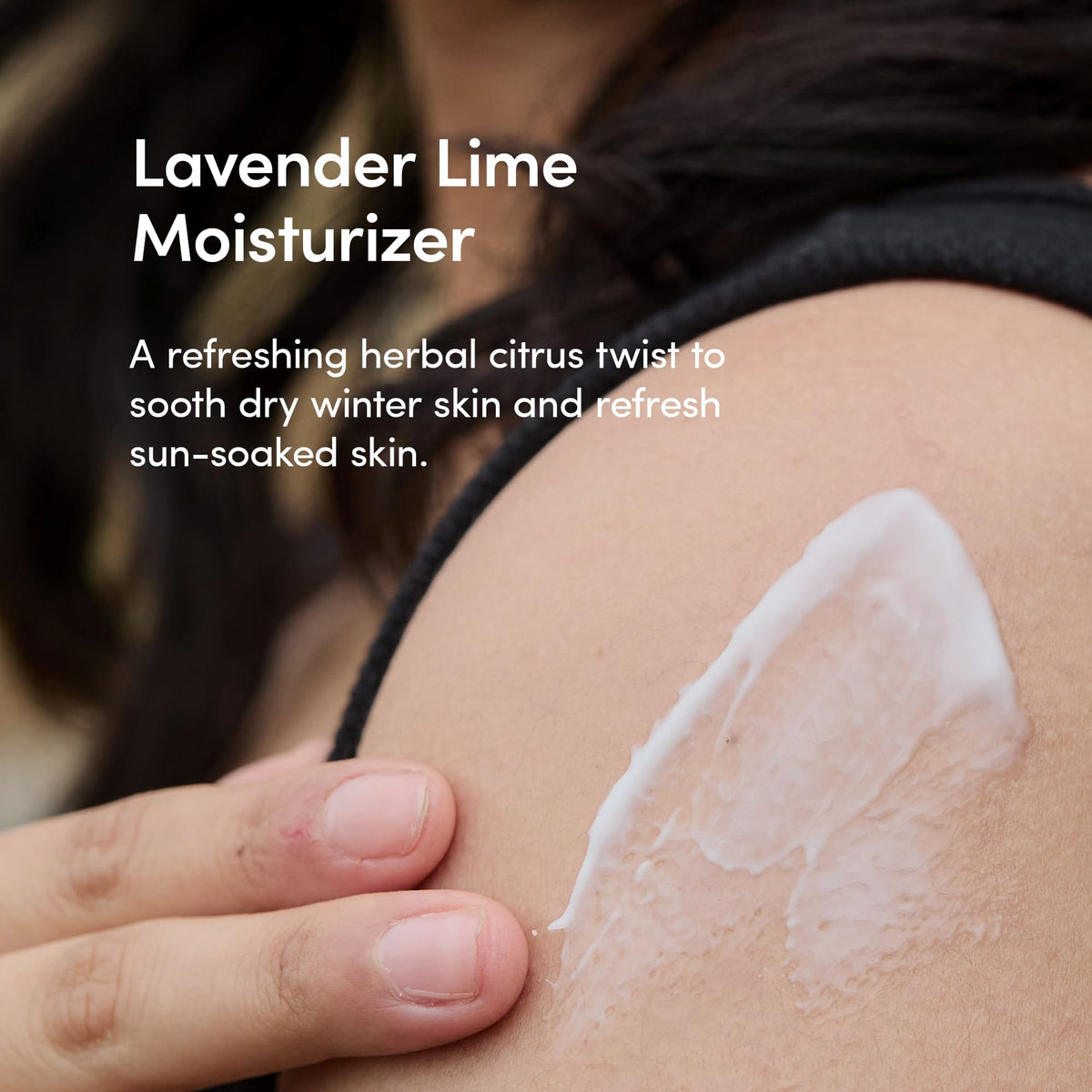 LATHER Lavender Lime lotion texture demonstrating quick absorption and smooth skin.