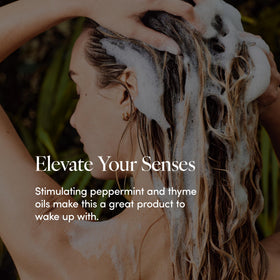 LATHER Mint Thyme Hair Wash foam detail showcases light lather and refreshing fragrance.