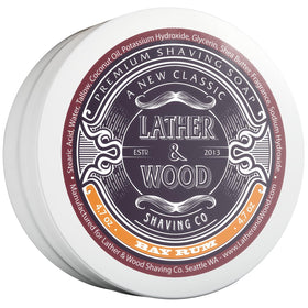 Lather & Wood Bay Rum shaving soap in bowl showing dense lather for a smooth shave