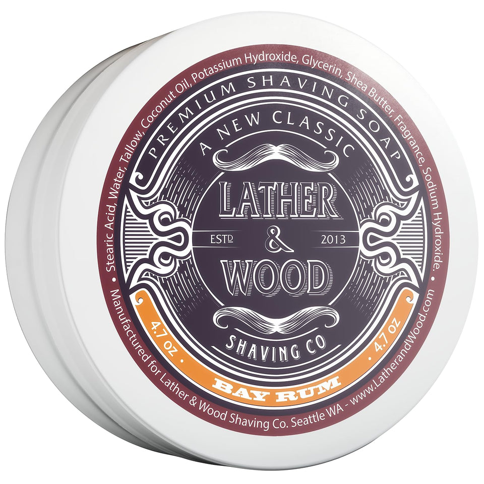 Lather & Wood Bay Rum shaving soap in bowl showing dense lather for a smooth shave