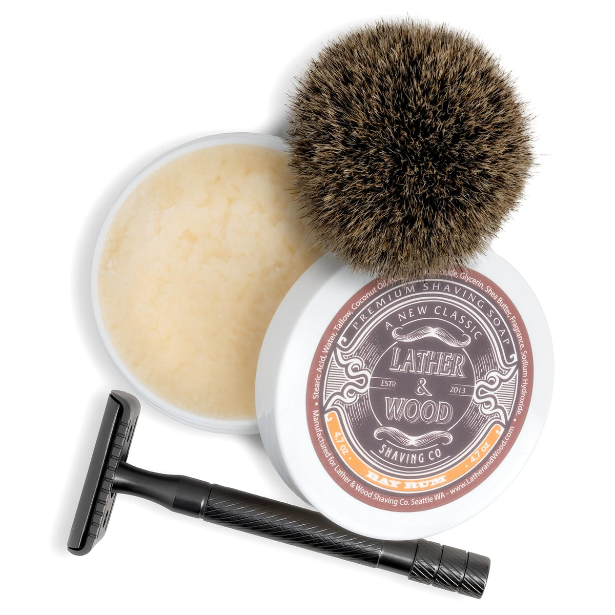 Close-up of Lather & Wood Bay Rum shaving soap with dense lather and glide