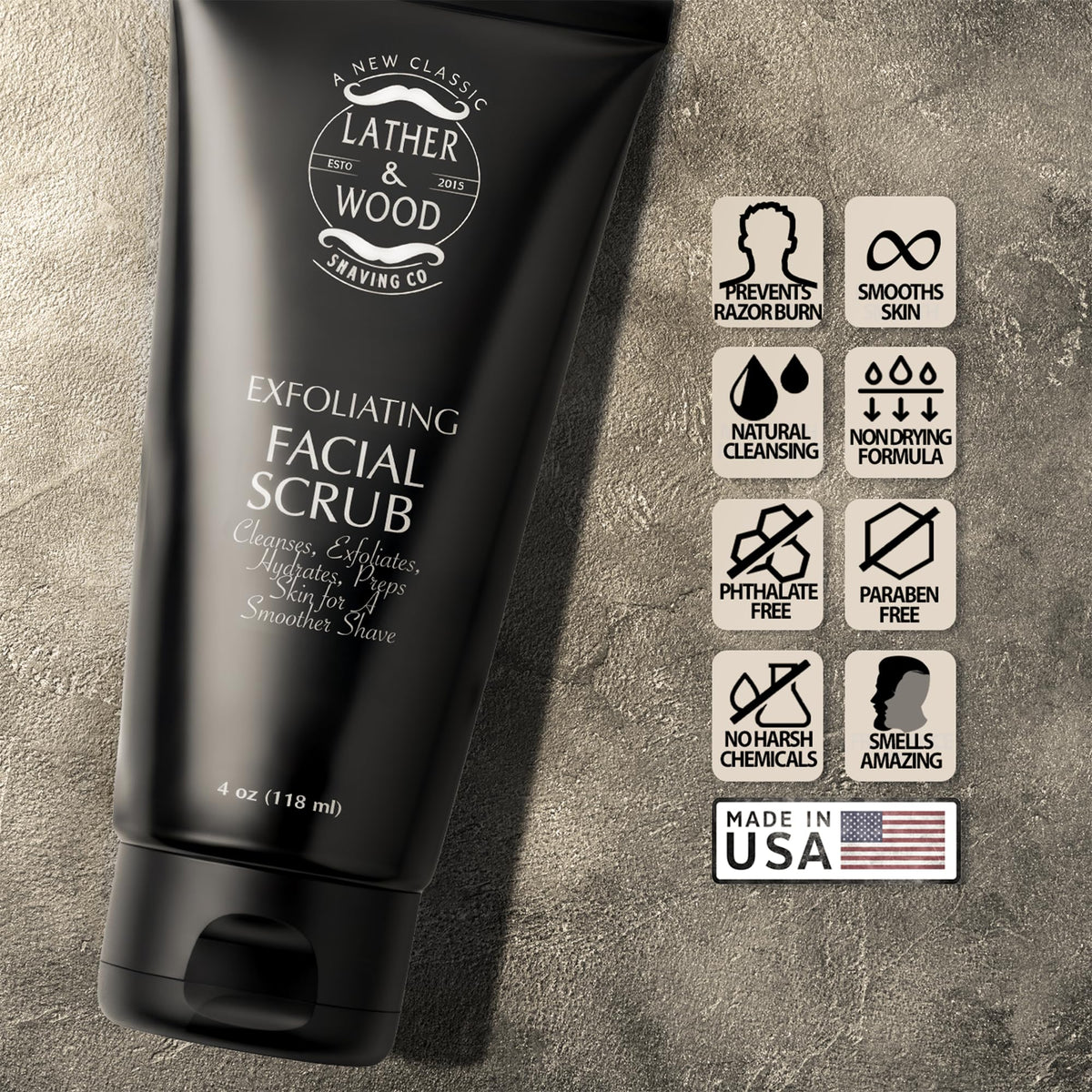 Lather & Wood facial scrub bottle signals premium, all-skin-type care.