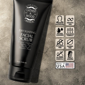 Lather & Wood facial scrub bottle signals premium, all-skin-type care.