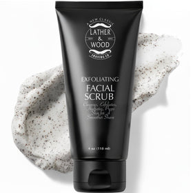 Lather & Wood Face Scrub with jojoba beads exfoliates for smoother skin.