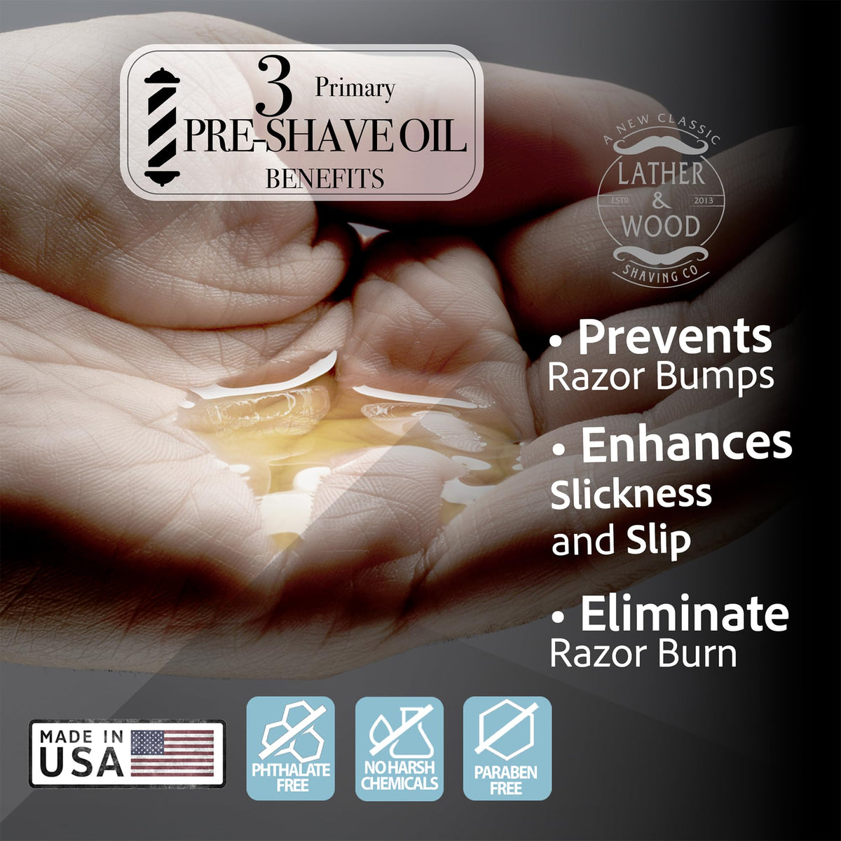 Lather & Wood sandalwood oil softens facial hair for a smoother start to shaving.