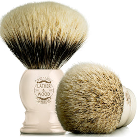 Lather & Wood Pure Badger Brush loft close-up showing water retention for a richer lather