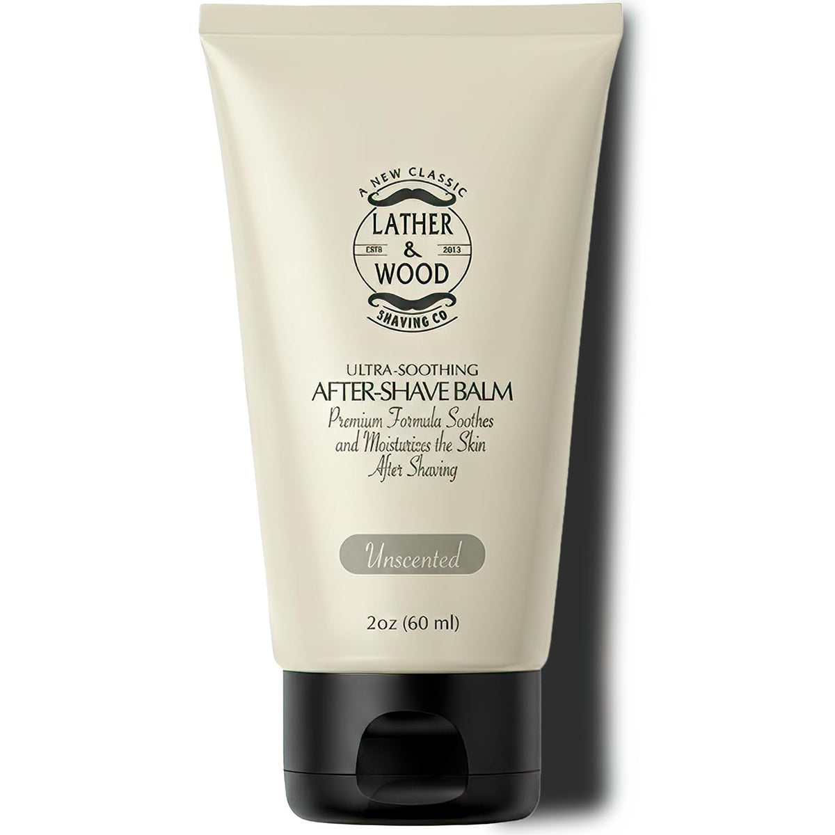 Lather & Wood Unscented Aftershave Balm bottle close-up, fragrance-free formula for sensitive skin.