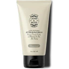 Lather & Wood Unscented Aftershave Balm bottle close-up, fragrance-free formula for sensitive skin.