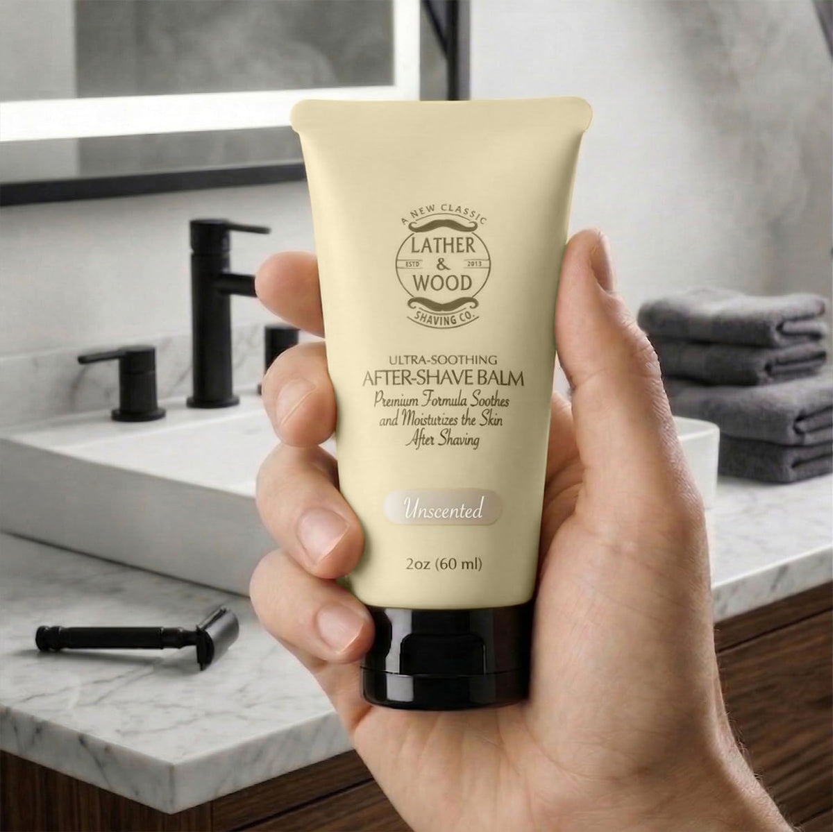 Face after application, hydrated and refreshed with Lather & Wood unscented balm.