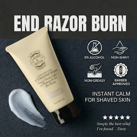 Hands applying Lather & Wood balm, fast-absorbing hydration after shaving.