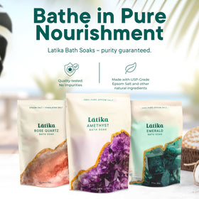 Latika Geode bath soak Rose Quartz with lavender for calming aroma.
