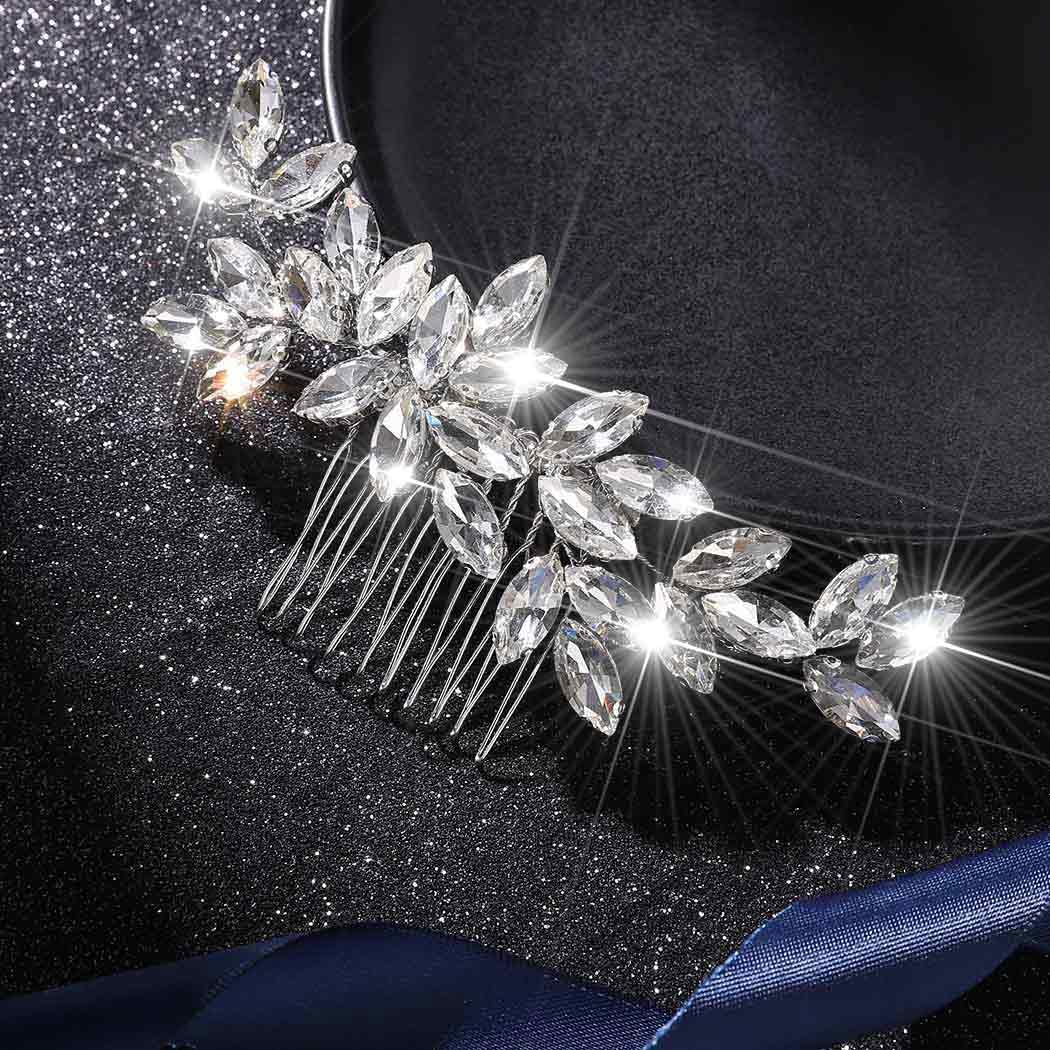 Latious crystal wedding hair comb closeup showing rhinestones for bridal sparkle.