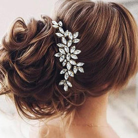 Latious silver rhinestone hair clip front view for an elegant bridal look.