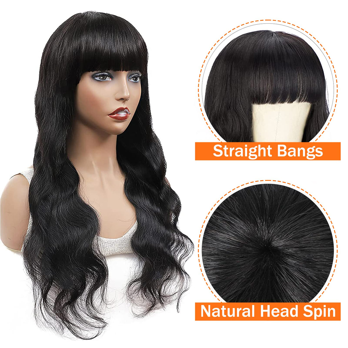 Lativ Body Wave wig with bangs 16inch back view highlights seamless blend