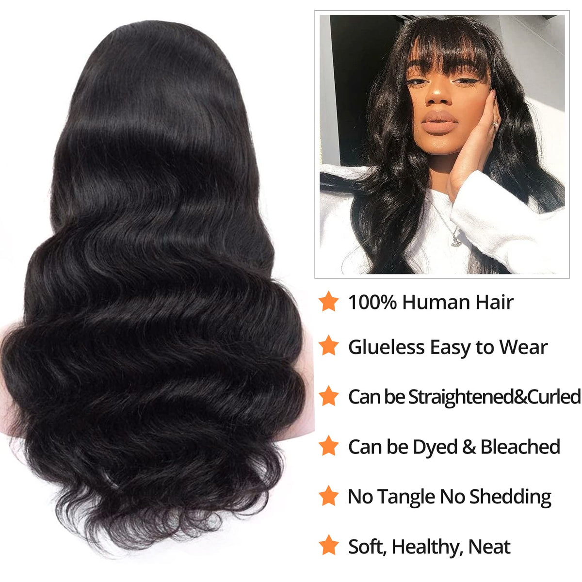 Lativ Body Wave wig with bangs 16inch side view shows comfortable fit
