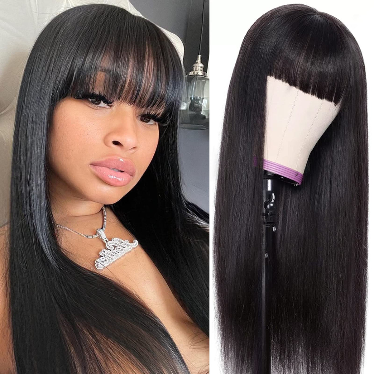 Lativ human hair wig with bangs, straight 16-inch style for versatile daily looks.