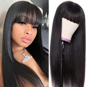 Lativ human hair wig with bangs, straight 16-inch style for versatile daily looks.