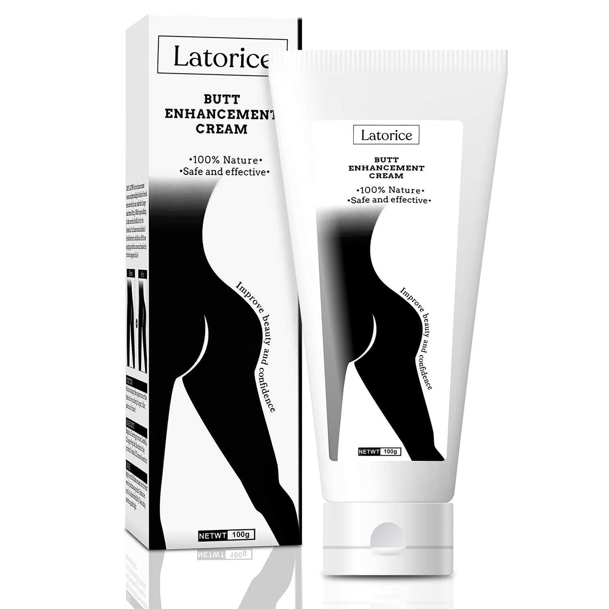 Latorice Butt Enhancement Cream jar shows a firming formula for a lifted hip silhouette.
