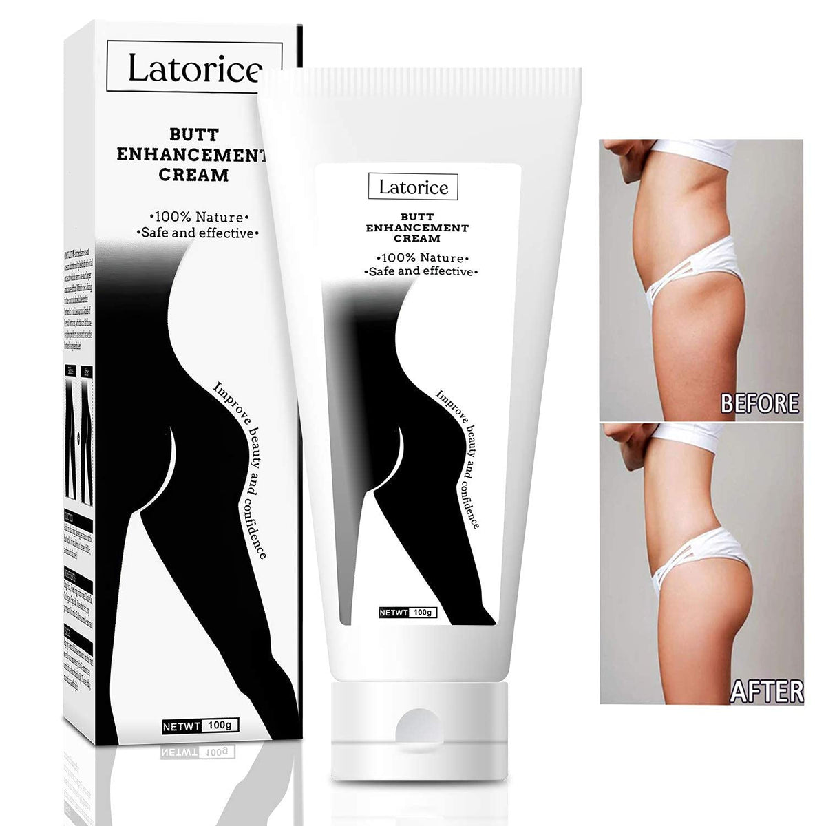 Latorice hip lift-up cream bottle focuses on easy massage for firmer buttocks.