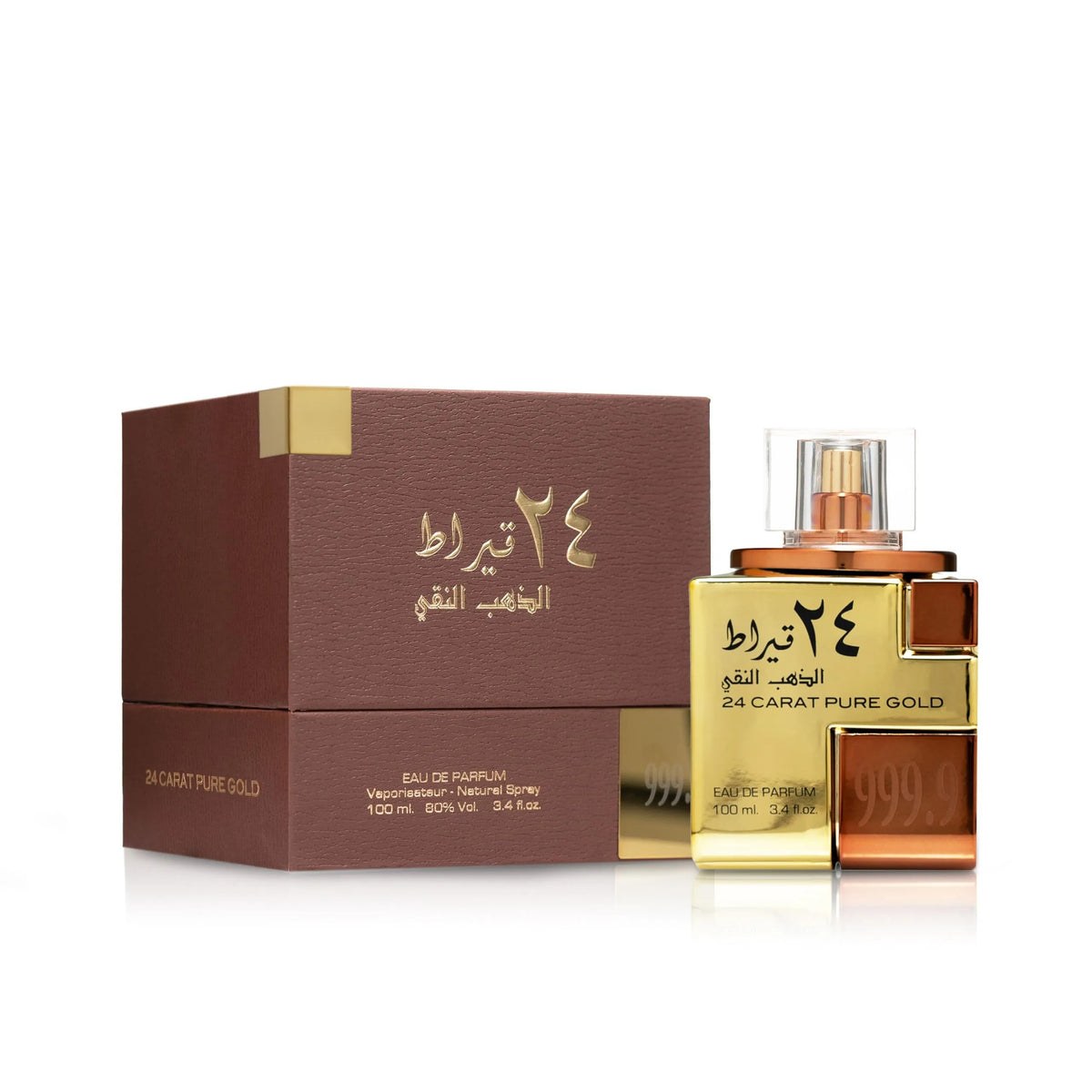 Lattafa 24 Carat Gold bottle back reveals durable packaging for gifting.