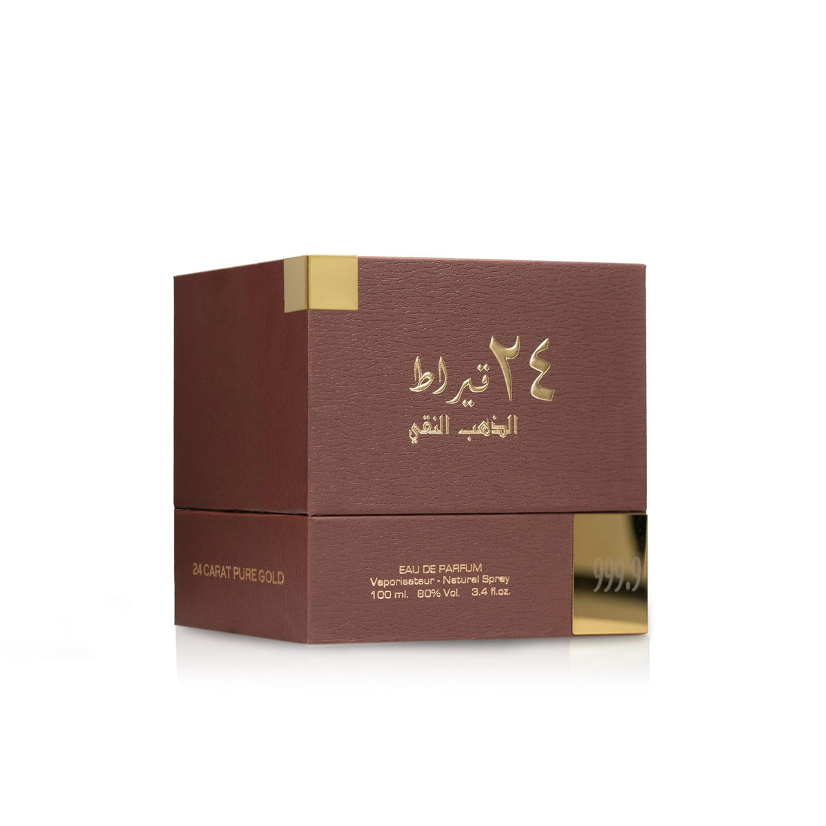 Lattafa 24 Carat Gold cap detail emphasizes luxury finish and secure closure.