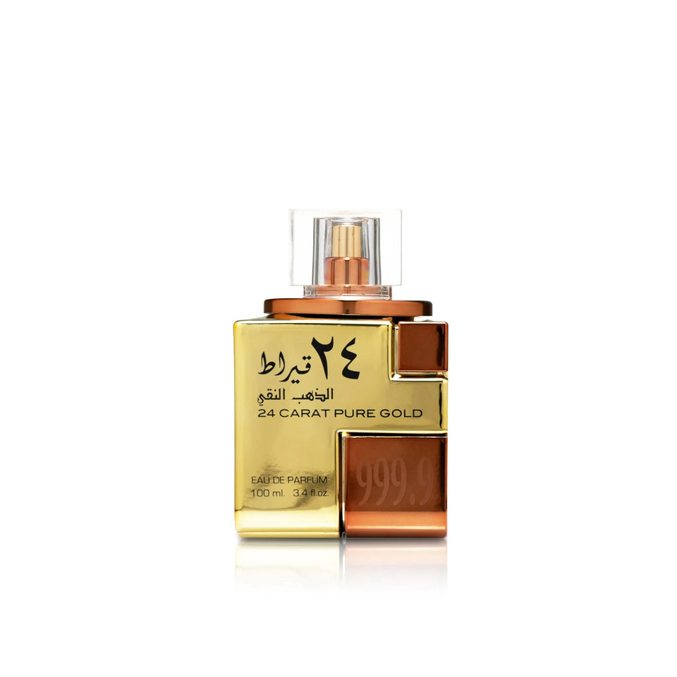 Lattafa 24 Carat Gold bottle front shows premium unisex design for daily refinement.