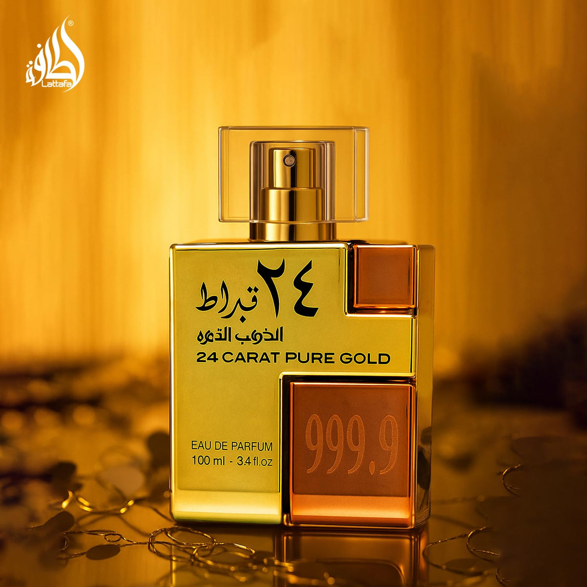 Lattafa 24 Carat Gold spray mist enables even application for all-day wear.
