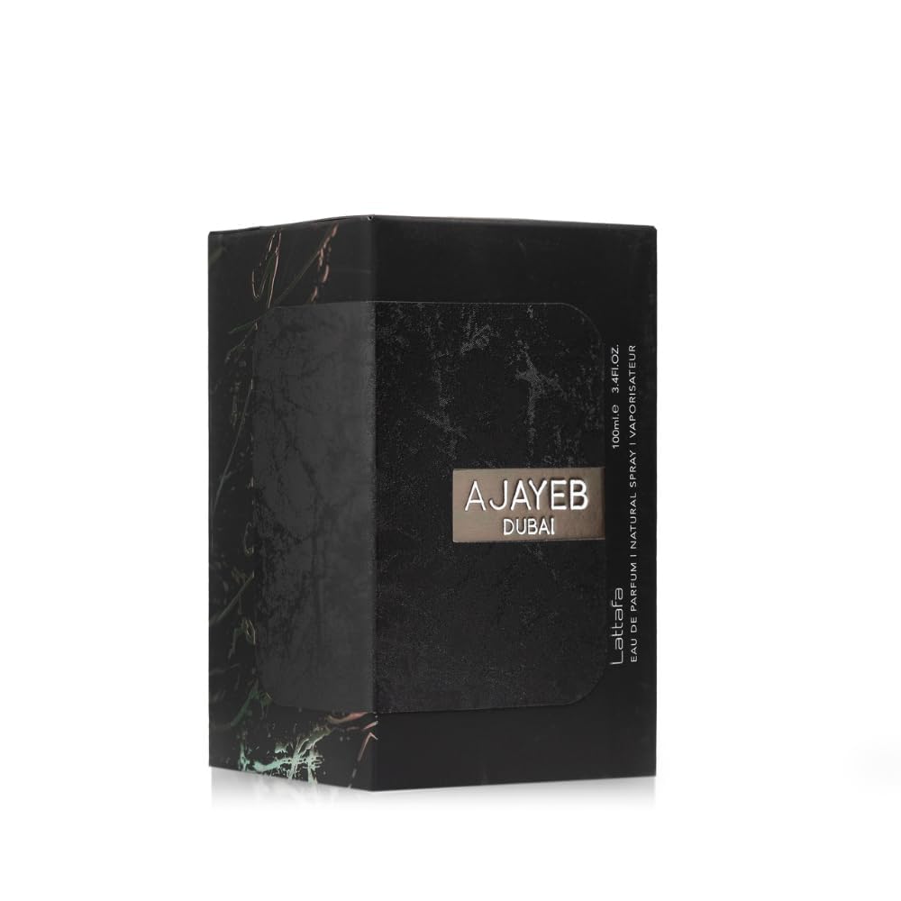 Lattafa Ajayeb Dubai EDP bottle side view showcasing sleek design