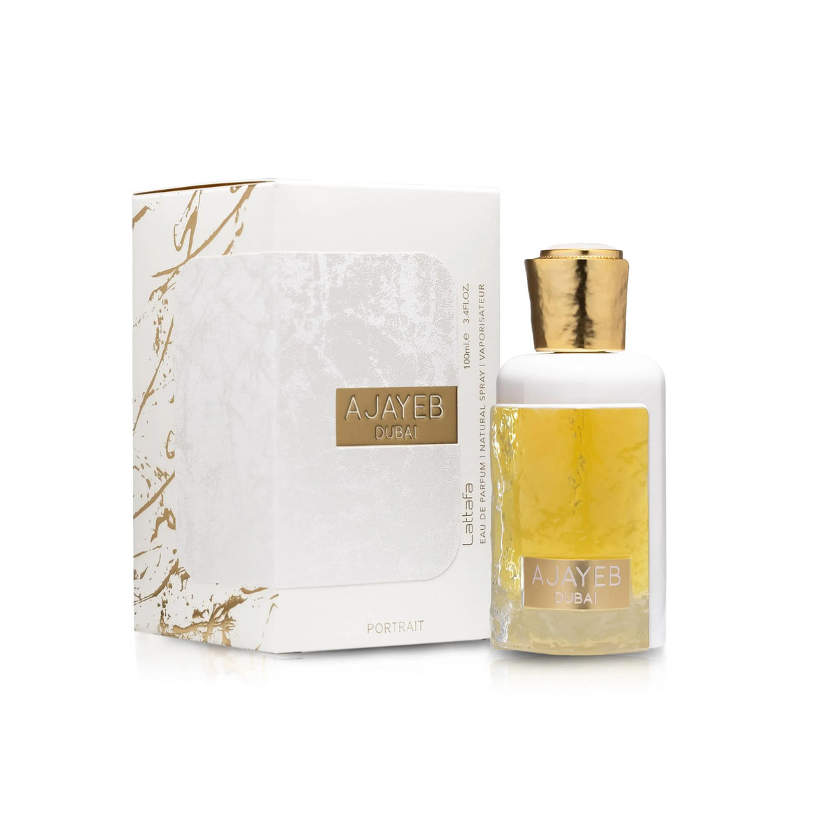 Lattafa Ajayeb Dubai Portrait bottle angle showing modern design
