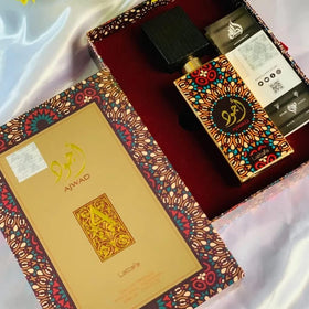 Lattafa Ajwad vanilla and sandalwood base offers lasting warmth for all day.