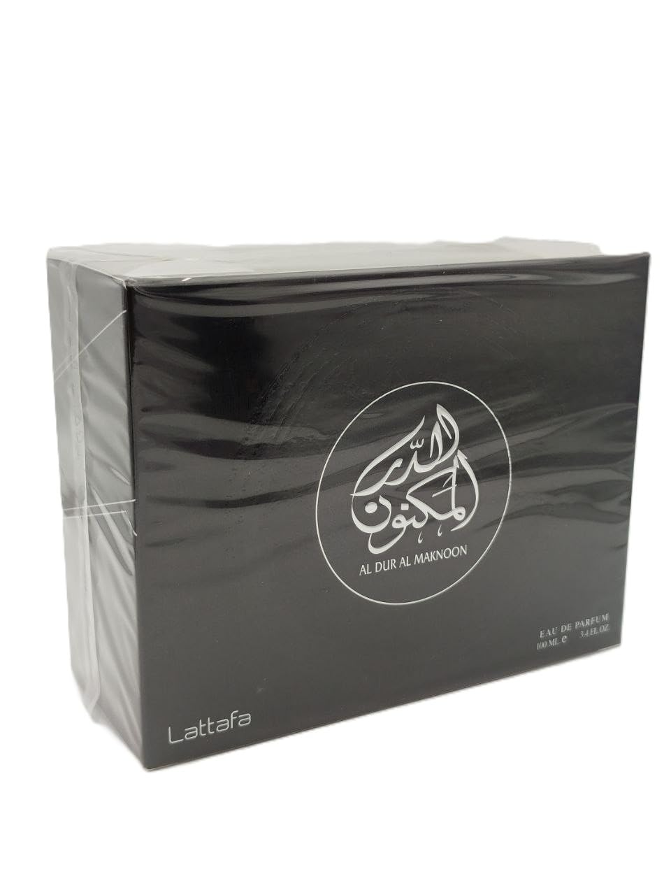 Lattafa Al Dur Al Maknoon Silver bottle front view showing unisex fresh leather notes.