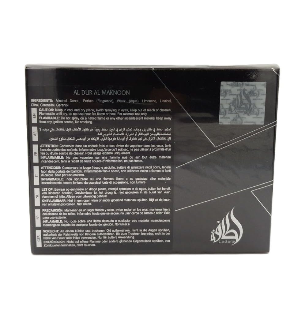 Lattafa Al Dur Al Maknoon Silver packaging indicating long-lasting scent appeal for versatile occasions.
