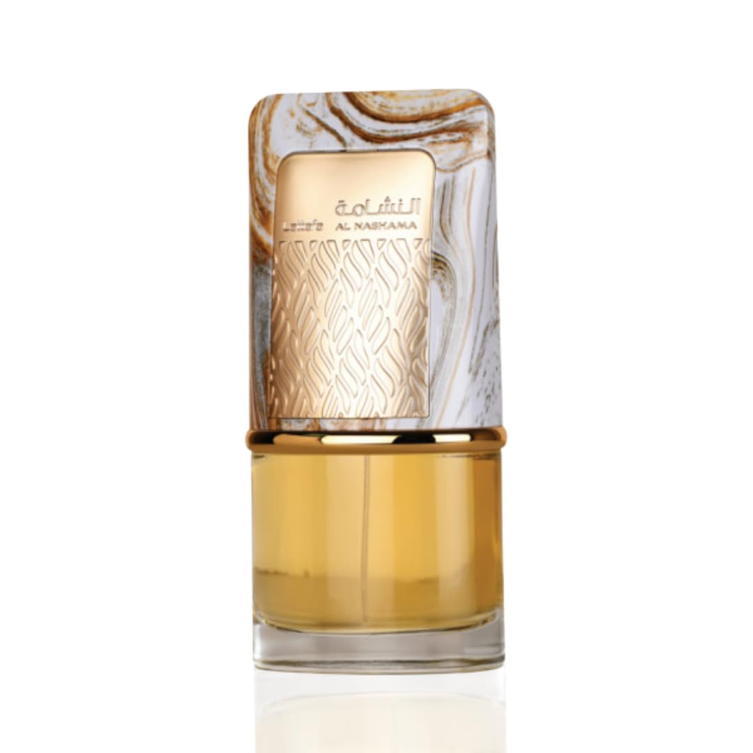 Lattafa Al Nashama close-up highlighting amber and leather notes for warmth and depth.