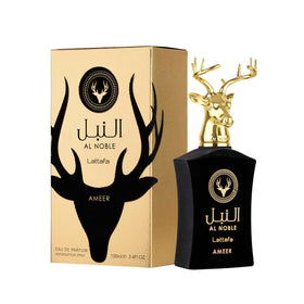 Lattafa Al Noble Ameer bottle front view, elegant design and lasting scent