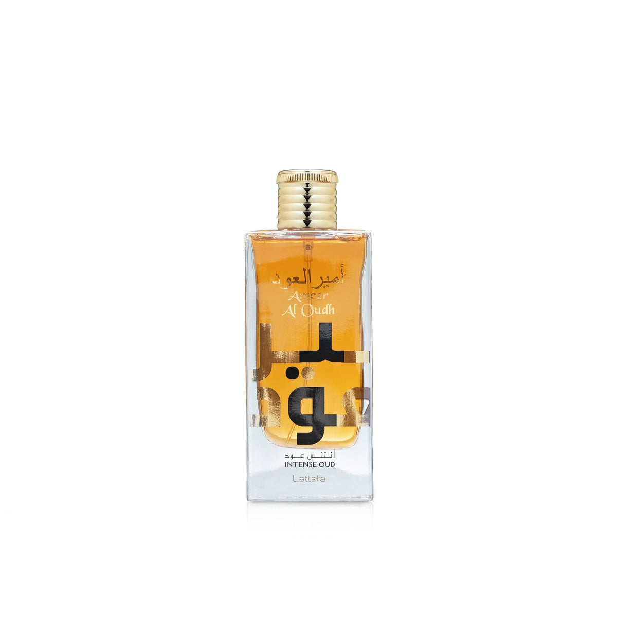 Lattafa Ameer Al Oud Intense bottle close-up highlighting rich oud and amber notes for a bold presence.