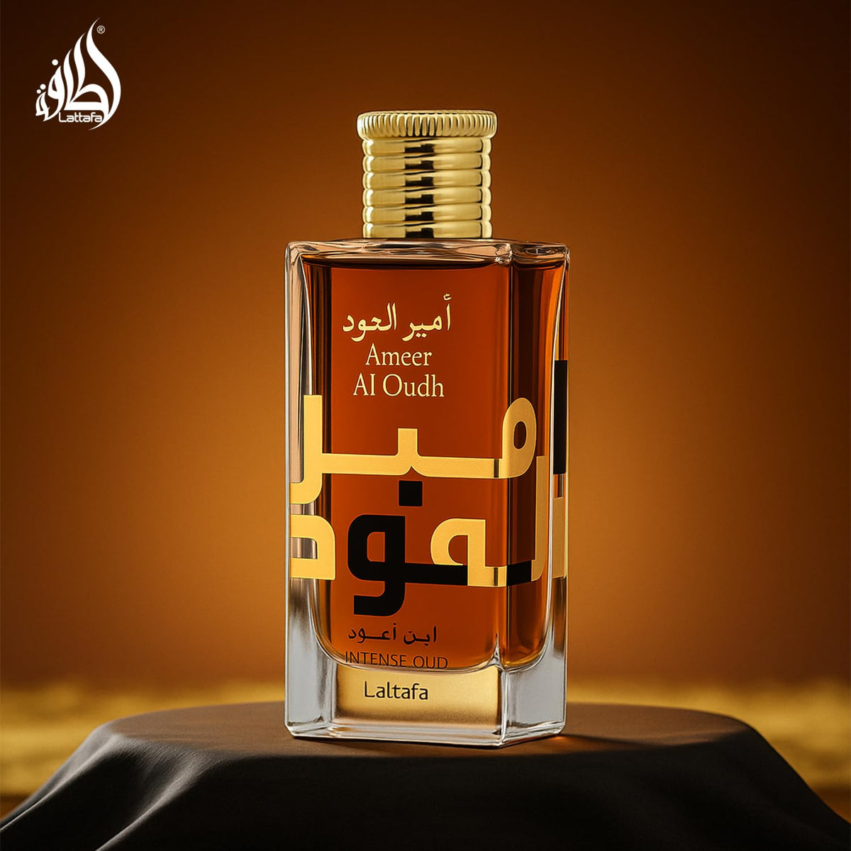 Lattafa Ameer Al Oud Intense luxury collection shot evokes premium fragrance appeal.