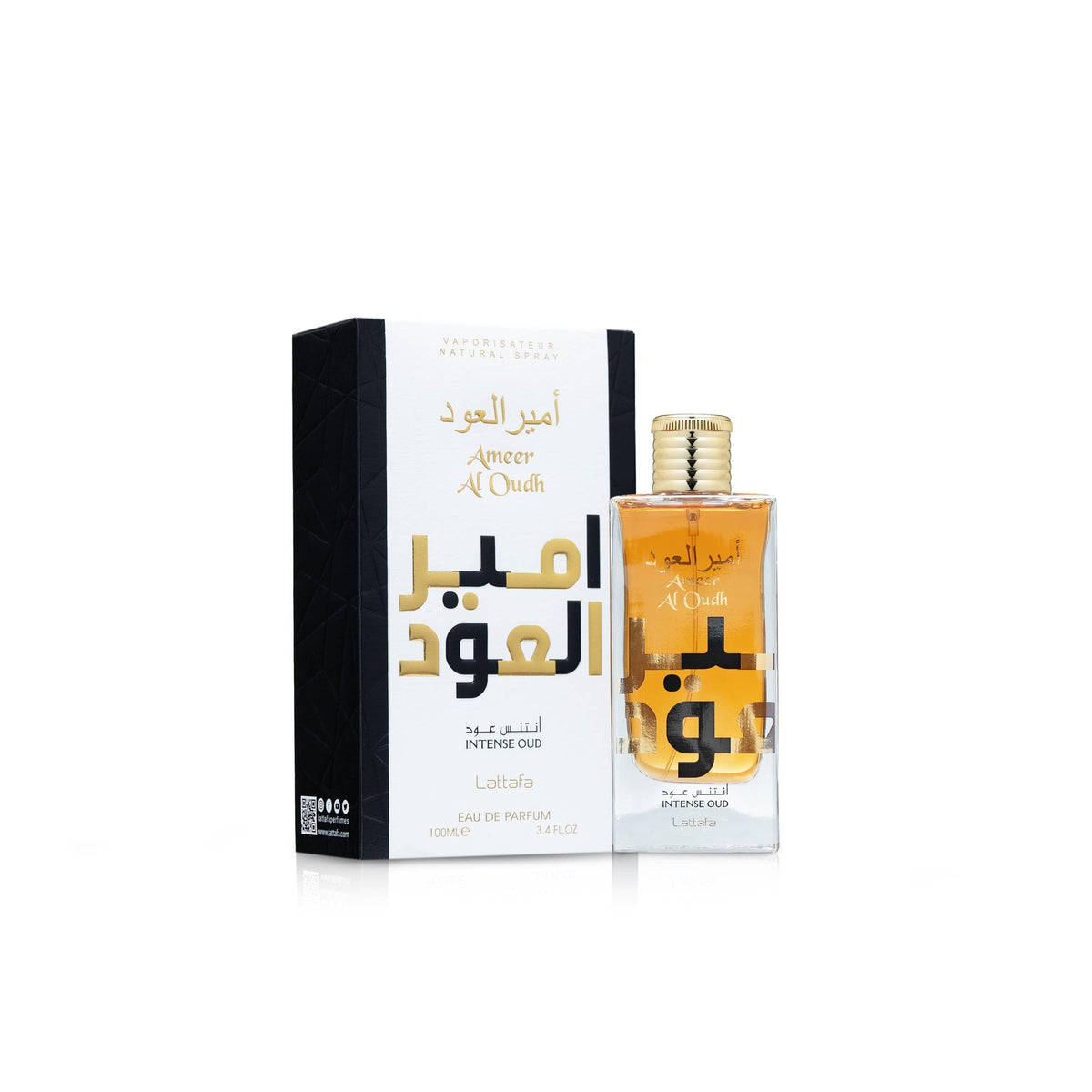 Lattafa Ameer Al Oud Intense oud-note amber tones emphasize a smoky, luxurious aura.
