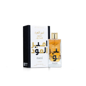 Lattafa Ameer Al Oud Intense oud-note amber tones emphasize a smoky, luxurious aura.