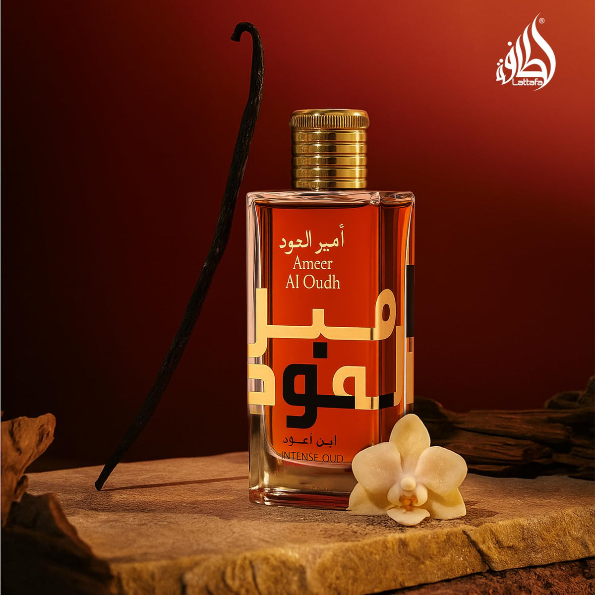 Lattafa Ameer Al Oud Intense unisex bottle image showcases balanced premium appeal.