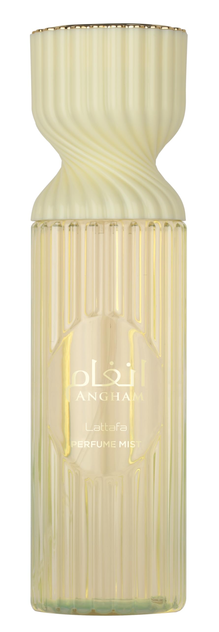 Lattafa Angham perfume mist bottle front, citrus opening for daily refresh.