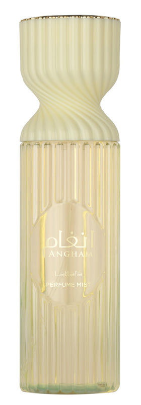Lattafa Angham perfume mist bottle front, citrus opening for daily refresh.