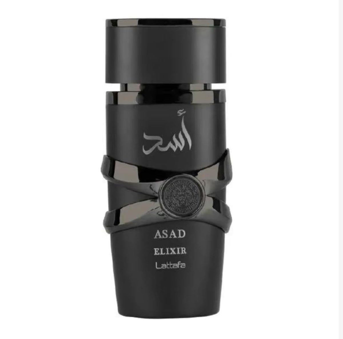 Lattafa Asad Elixir black bottle with silver embellishments for evening wear